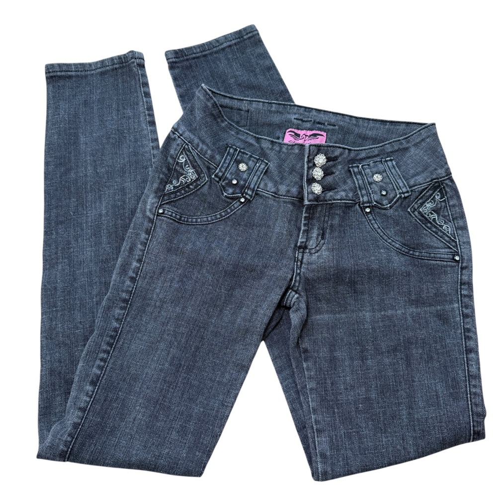 Silver Diva Skinny Jeans Embellished Embroidered Y2K 28 Black Bedazzled